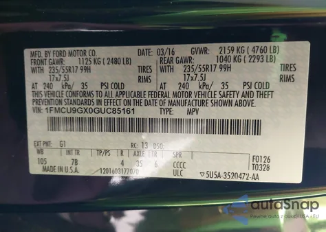 2016 Ford Escape Se из США, поврежденный, VIN 1FMCU9GX0GUC85161